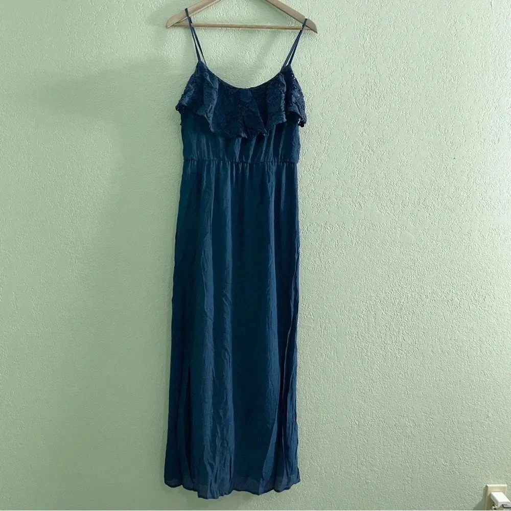 IZ Byer Maxi Dress Medium Lace Ruffle Navy Blue Lined Boho Cottage Sleeveless - Picture 1 of 11